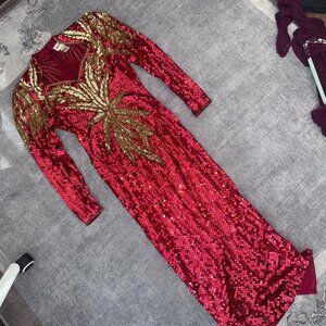 Vintage Red + Gold Sequin Beaded Gown Maxi Long Sleeve Dress Immaculate! VTG